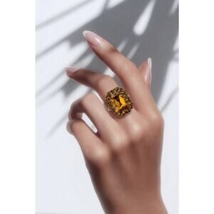 Vintage Amber Glass Cocktail Ring Rhinestone Halo Statement Adjustable